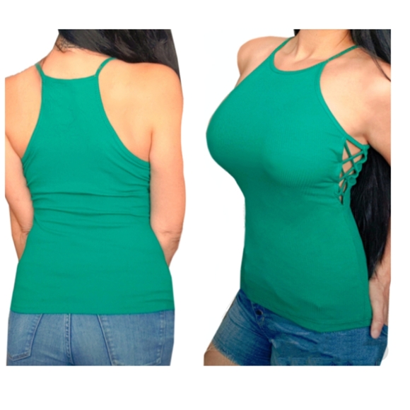 Green ribbed high neck halter side cutout tank top - Picture 1 of 2